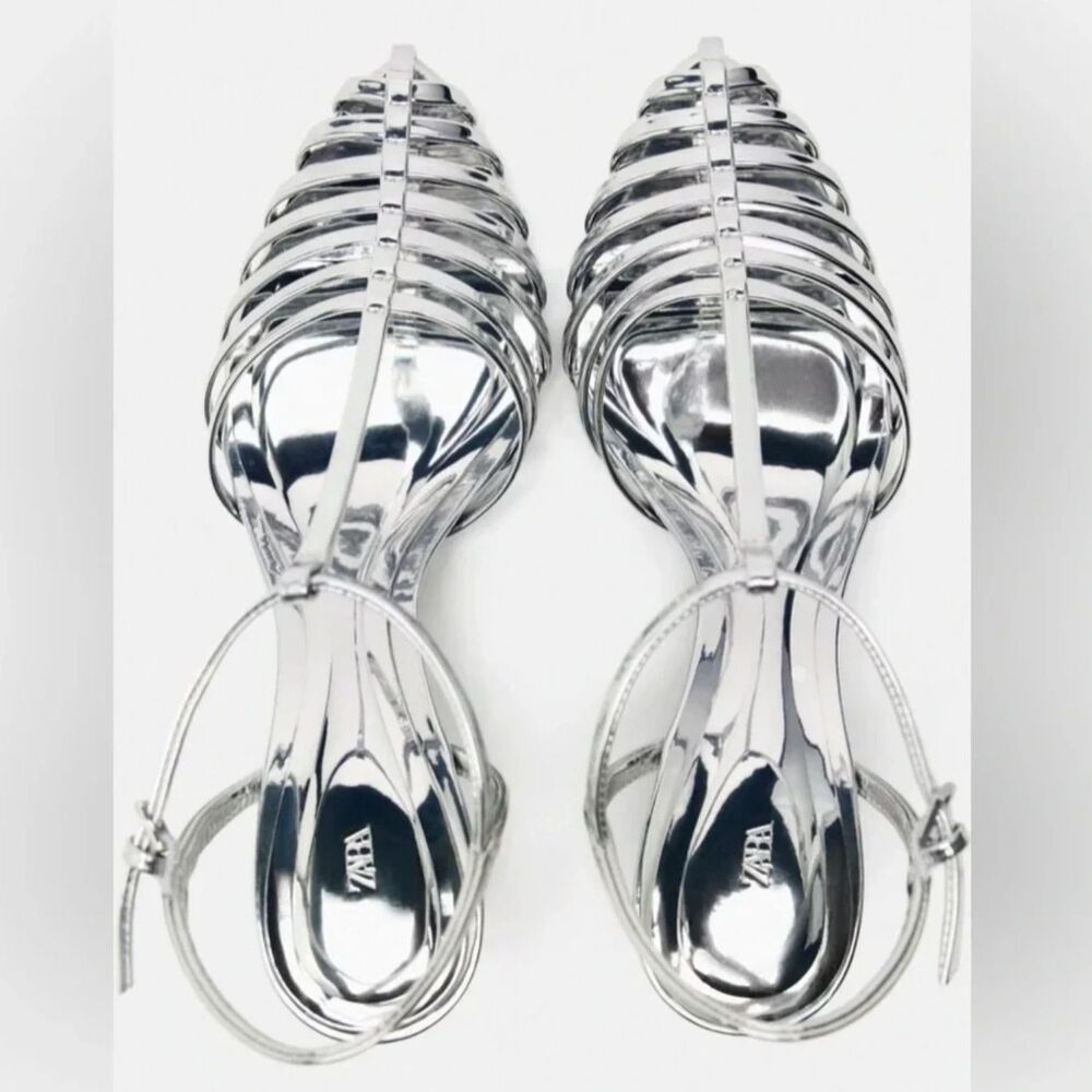 ZARA Silver Metallic Strappy Cage Kitten Heels Pumps Sandals